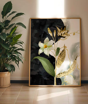 Diseño floral abstracto con detalles dorados y oscuros