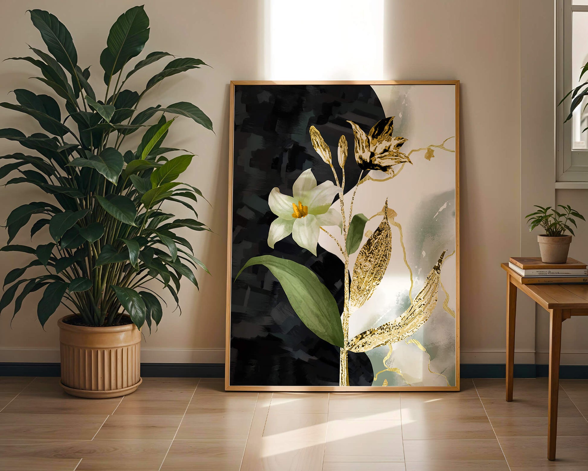 Diseño floral abstracto con detalles dorados y oscuros