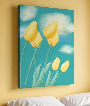 Stylized yellow tulips against a cloudy blue sky background