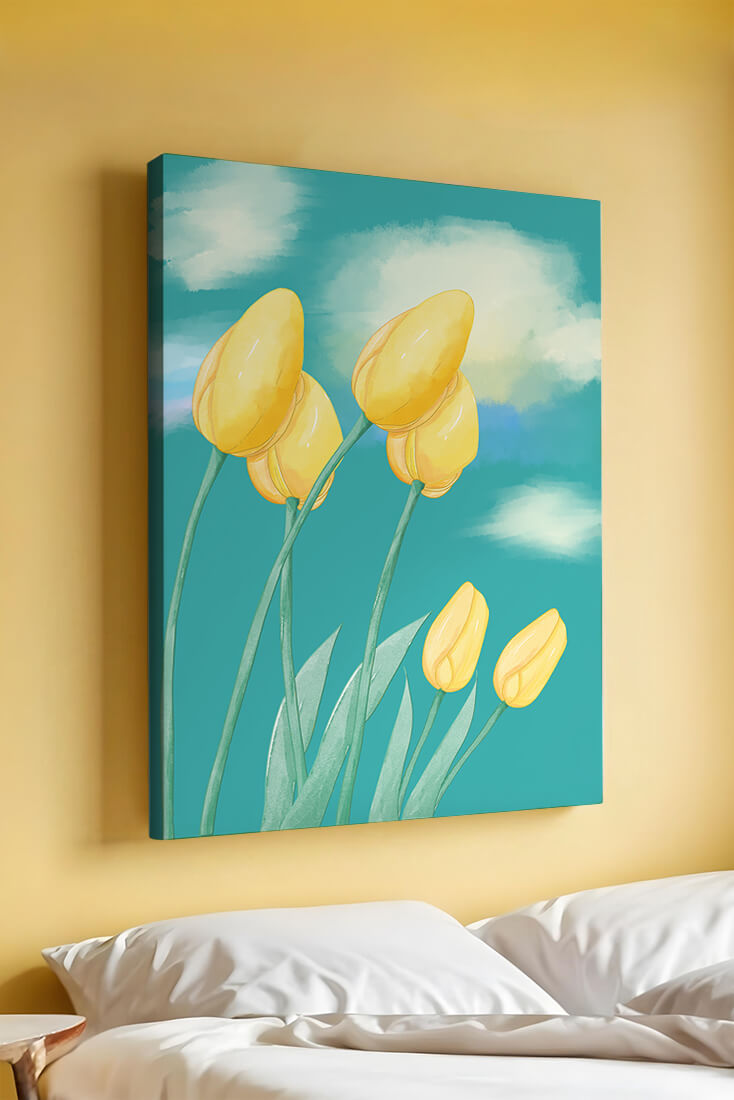 Stylized yellow tulips against a cloudy blue sky background