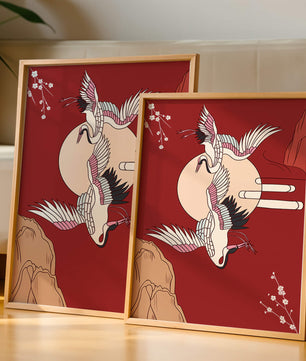 Elegant Asian-inspired artwork featuring flying cranes and cherry blossoms