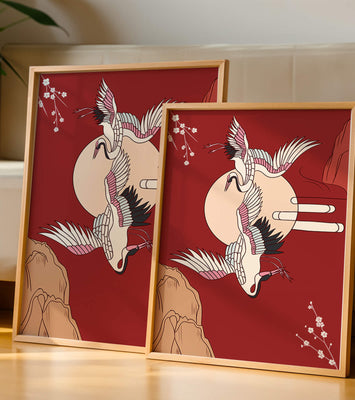 Elegant Asian-inspired artwork featuring flying cranes and cherry blossoms