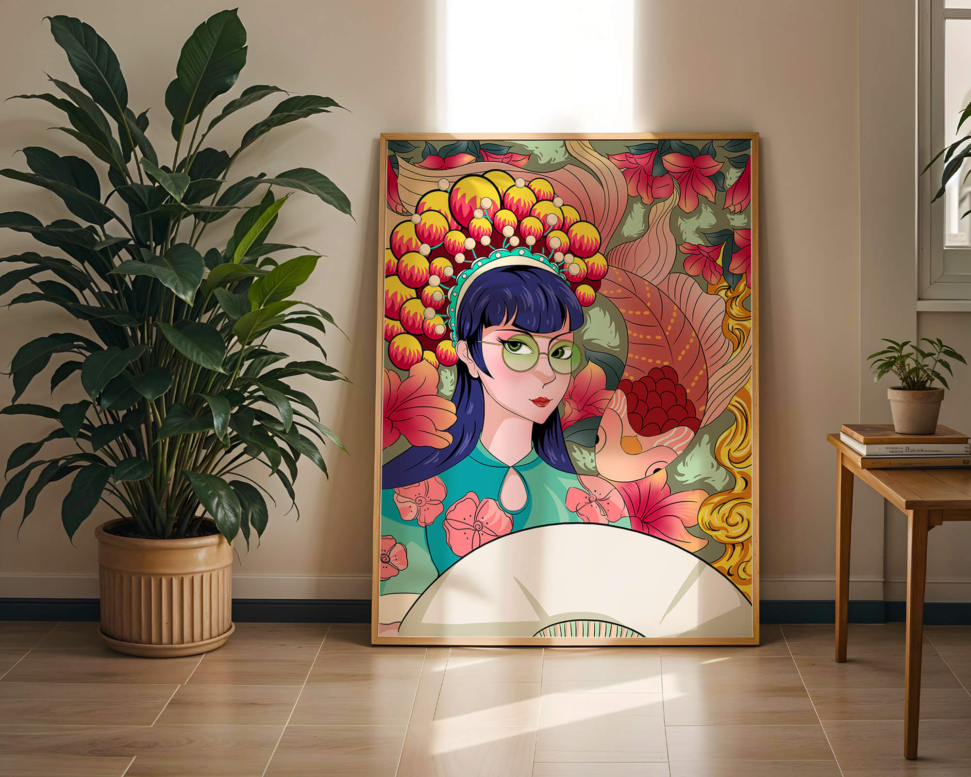 Colorful illustration of a woman with floral headdress and fish background