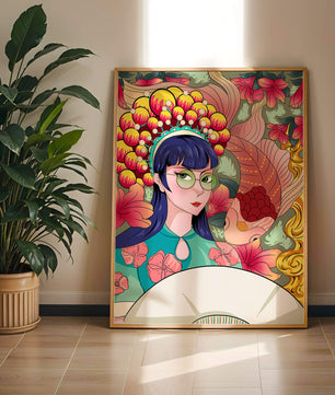 Illustration colorée d’une femme avec une coiffe florale et un fond de poissons