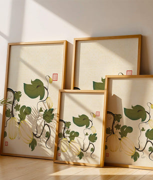 Illustration botanique élégante de melons et de vignes sur un fond texturé