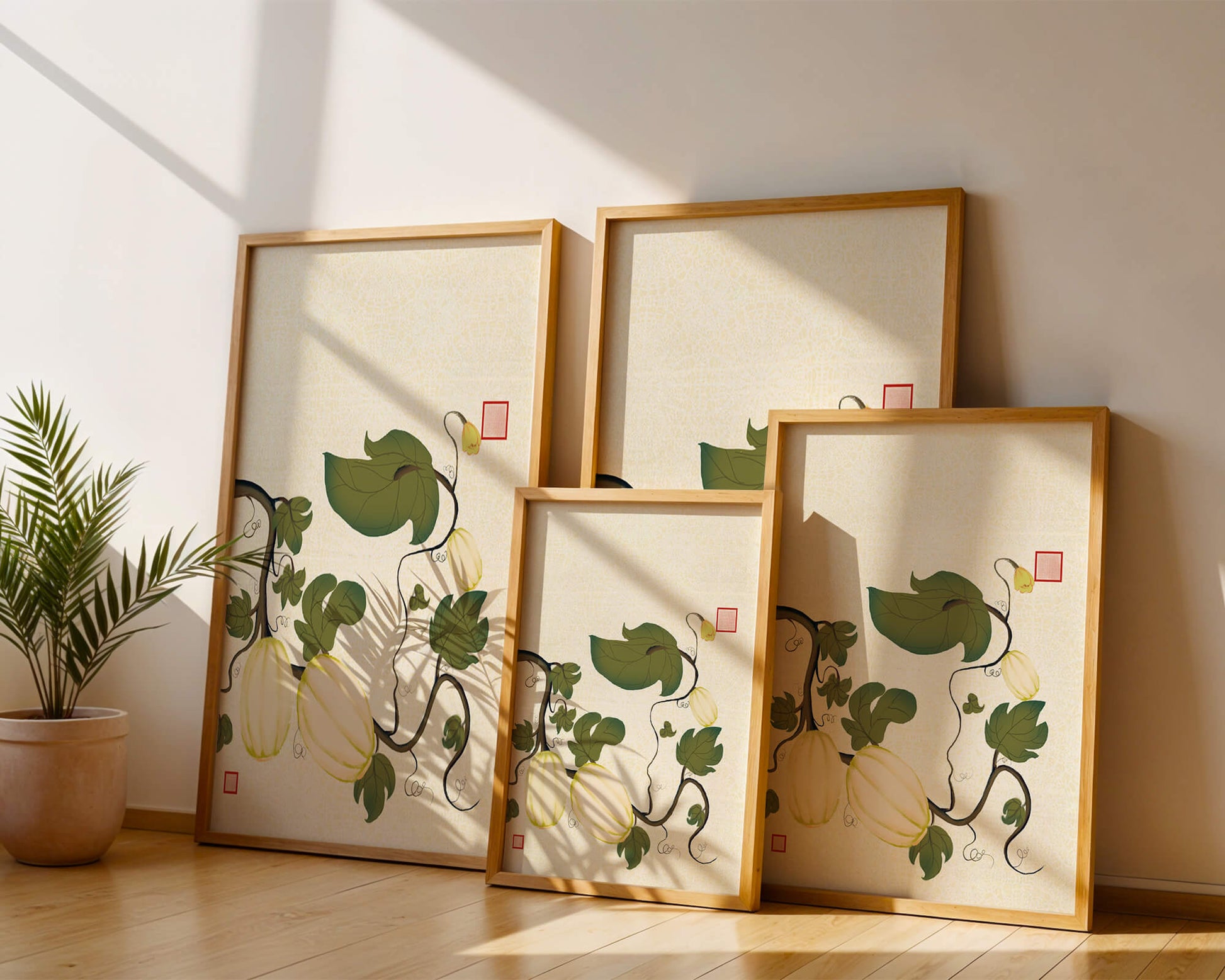 Illustration botanique élégante de melons et de vignes sur un fond texturé