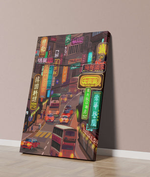 Vibrant urban street with neon signs and bustling traffic at night