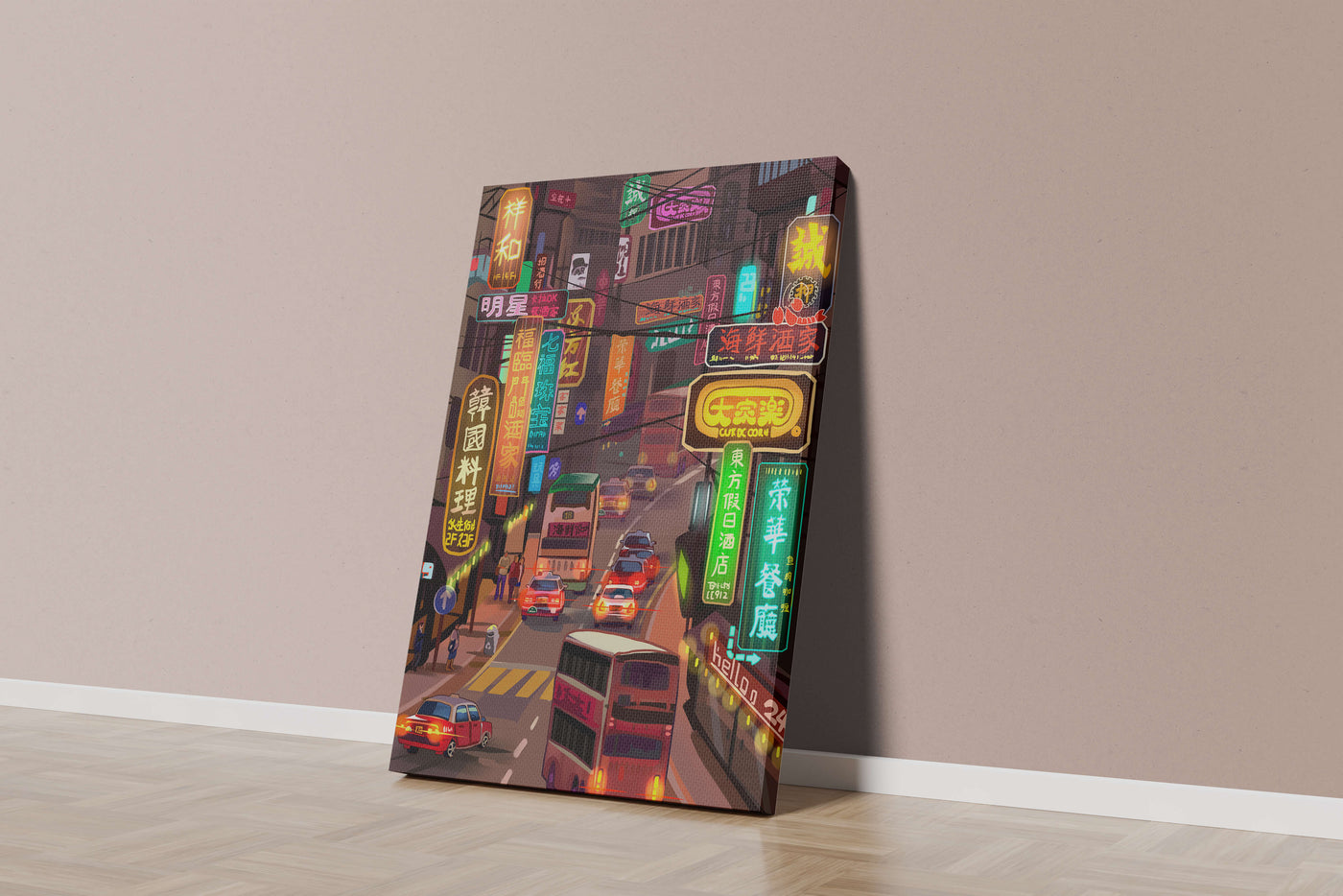 Vibrant urban street with neon signs and bustling traffic at night