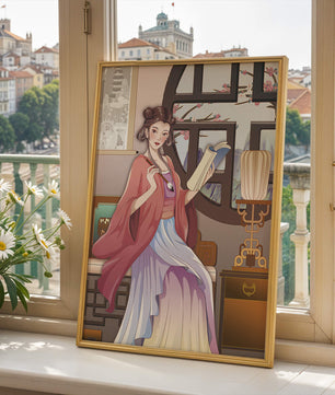 Illustrated scene of a woman in traditional attire reading by a window