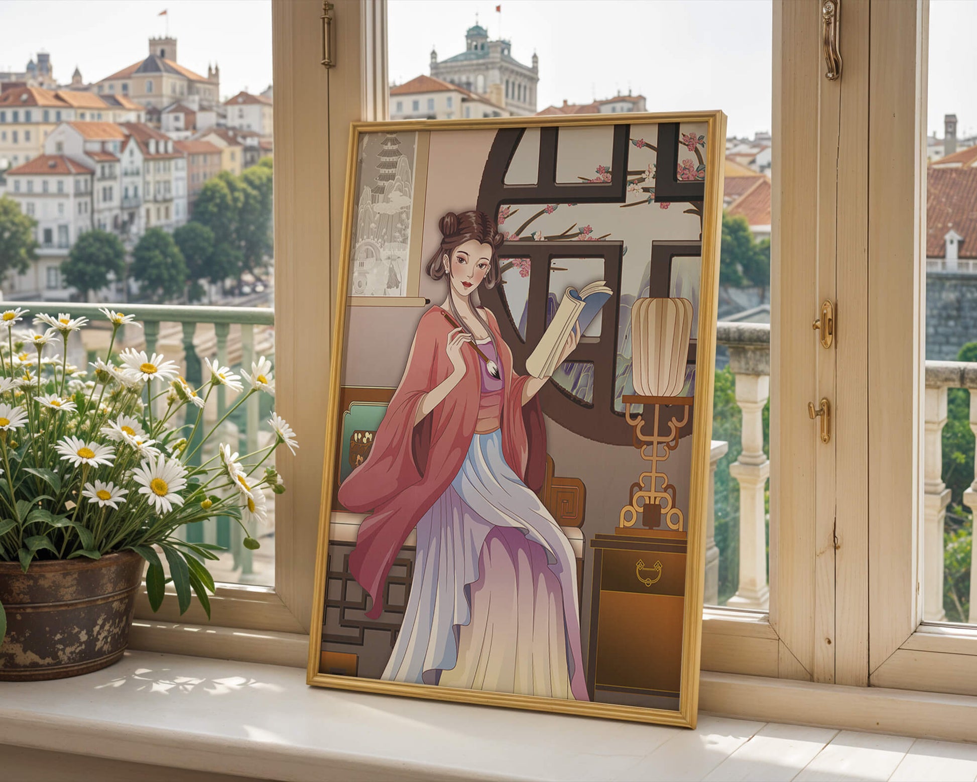 Illustrated scene of a woman in traditional attire reading by a window