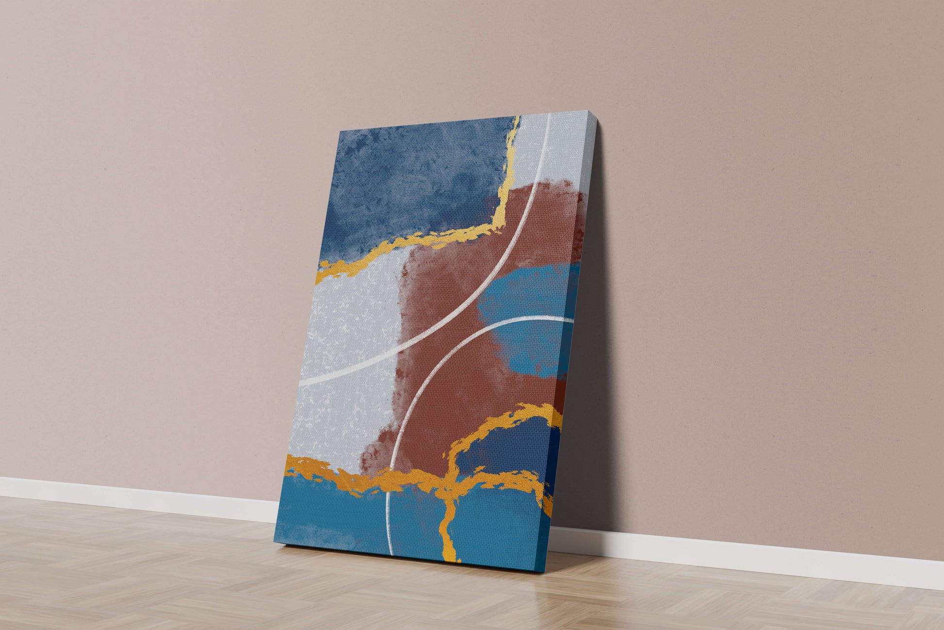 Abstract painting with gold accents and geometric elements