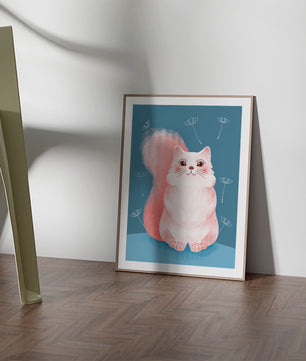 Whimsical Cat Illustration with Dandelions on Blue Background - Mi tienda