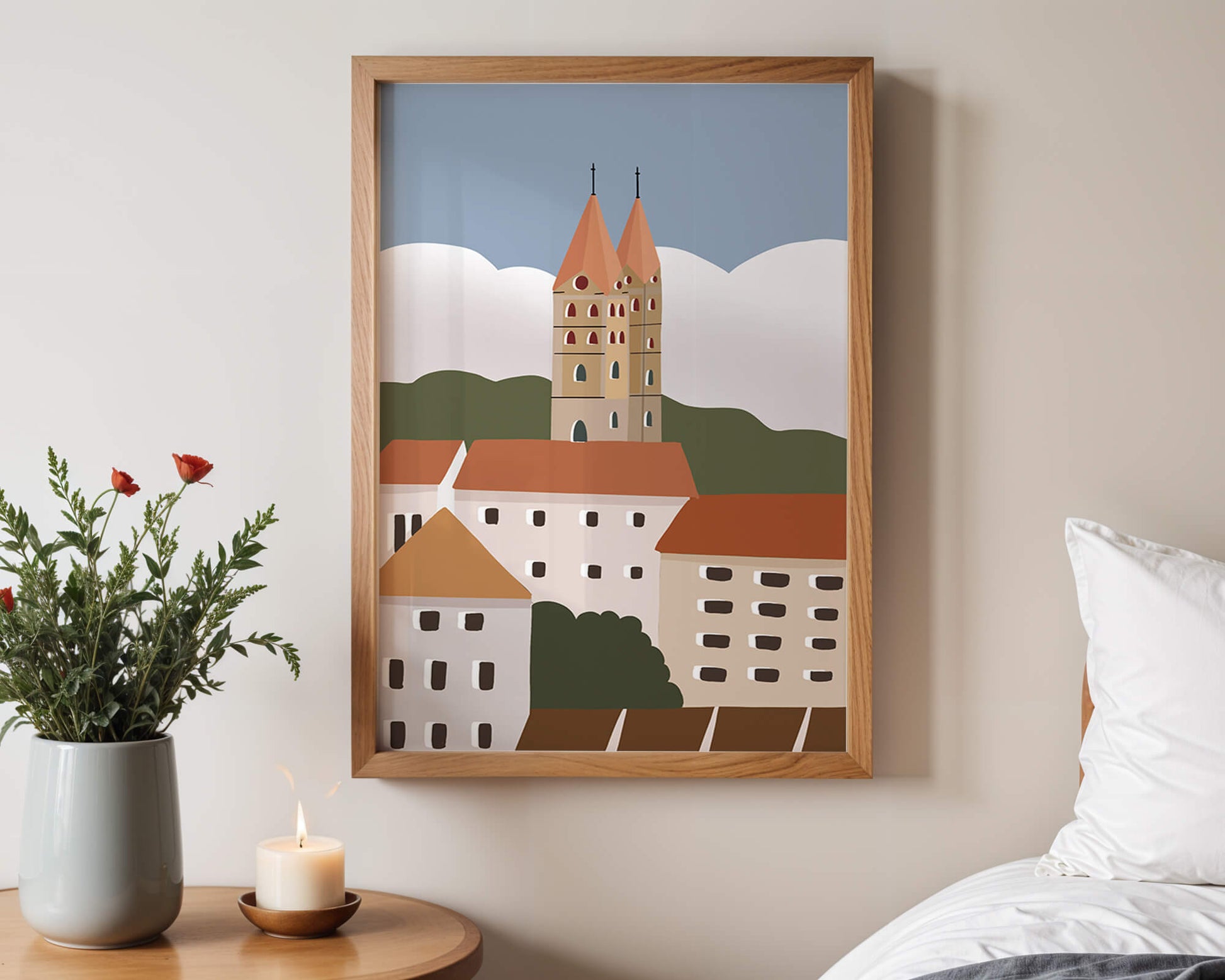 Charming European Cityscape with Church Towers and Colorful Buildings