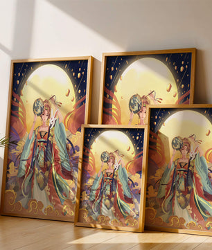 Elegant fantasy illustration with celestial elements and rabbit