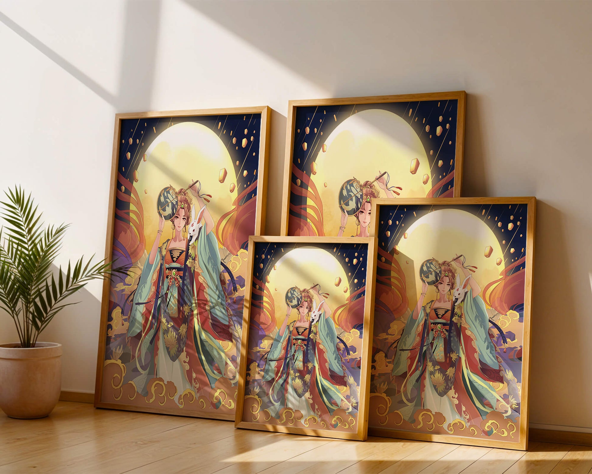Elegant fantasy illustration with celestial elements and rabbit