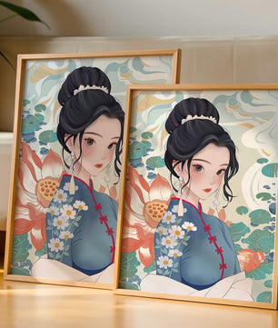 Una mujer elegante con vestido tradicional oriental con patrones florales y flores de loto