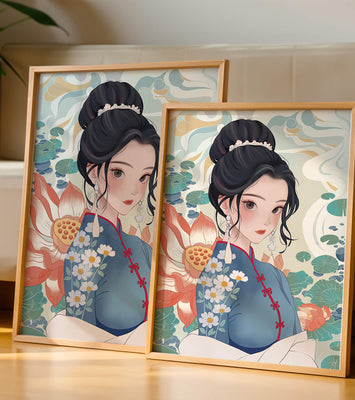 An Elegant Woman in Traditional Oriental Dress with Floral Patterns and Lotus Flowers