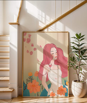 Illustration of a serene woman in a floral dress with flowing red hair