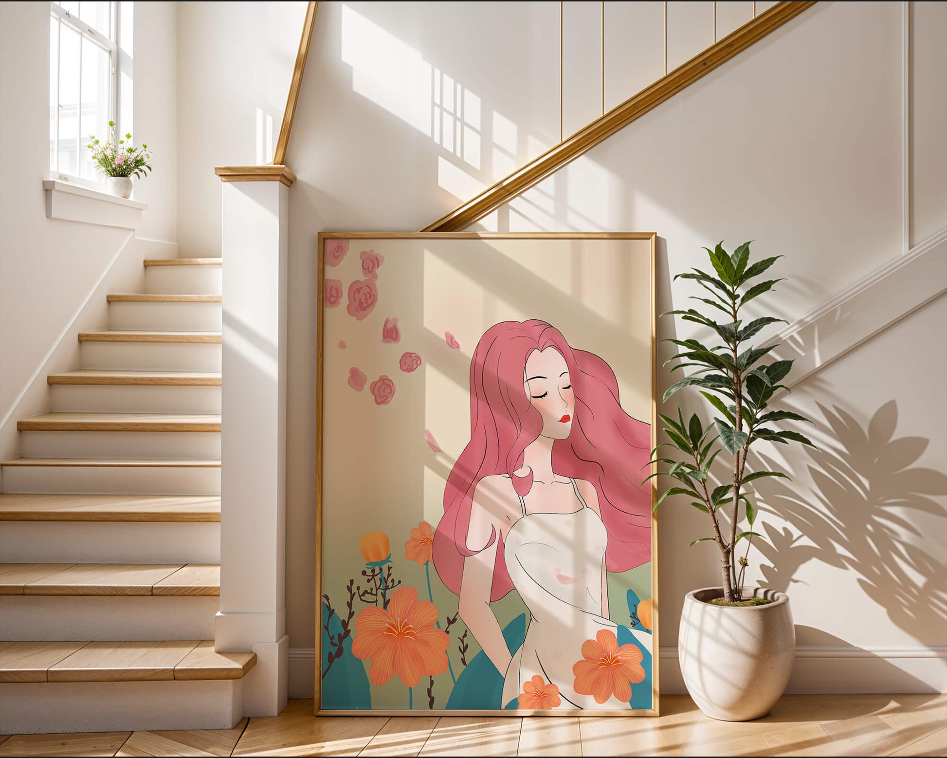 Illustration of a serene woman in a floral dress with flowing red hair