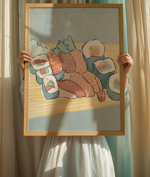 Illustration of assorted sushi rolls with shrimp and salmon on a bamboo mat
