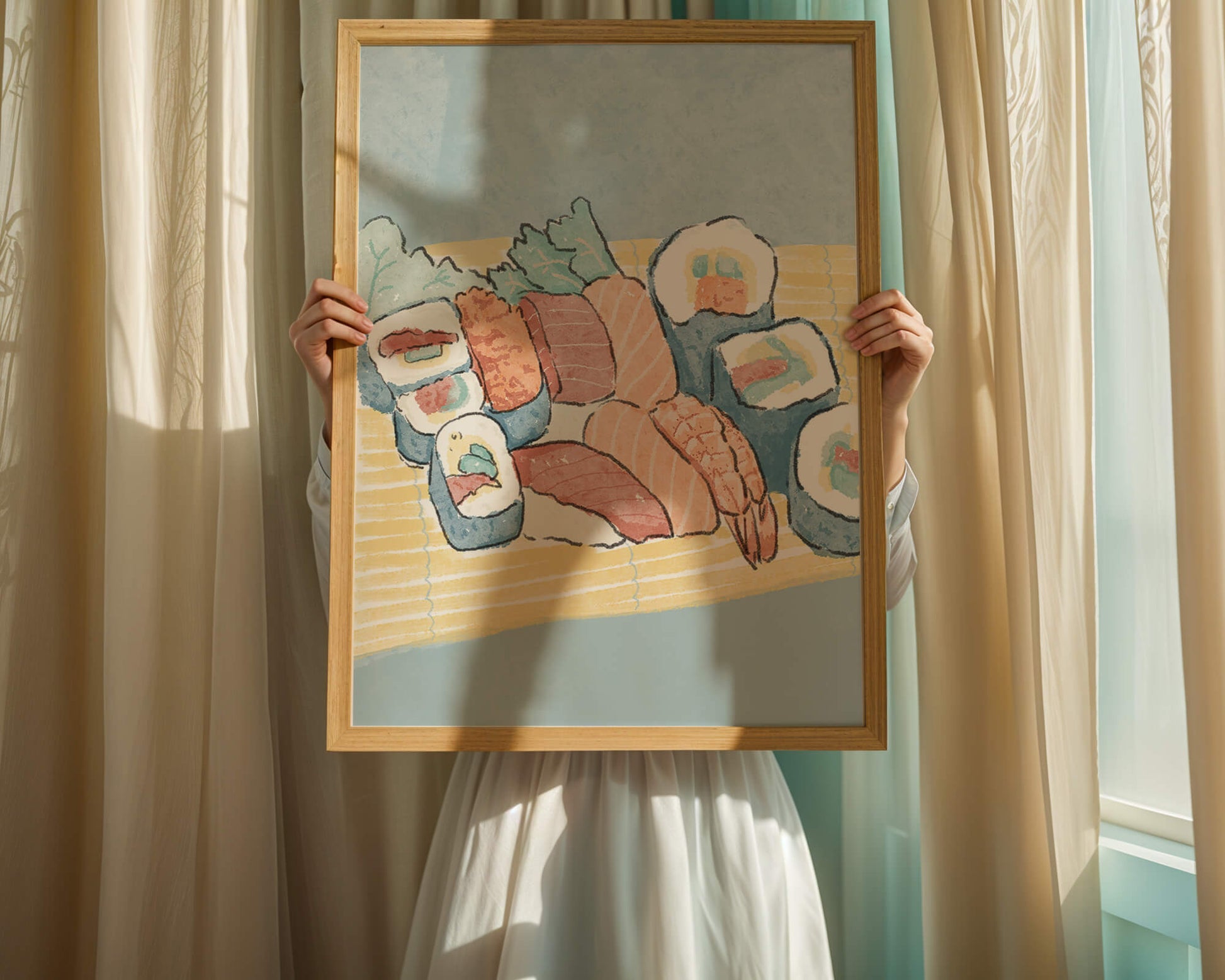 Illustration of assorted sushi rolls with shrimp and salmon on a bamboo mat