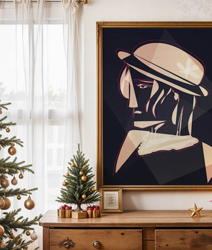 Stylized Portrait of a Woman in a Hat with Geometric Elements - Mi tienda