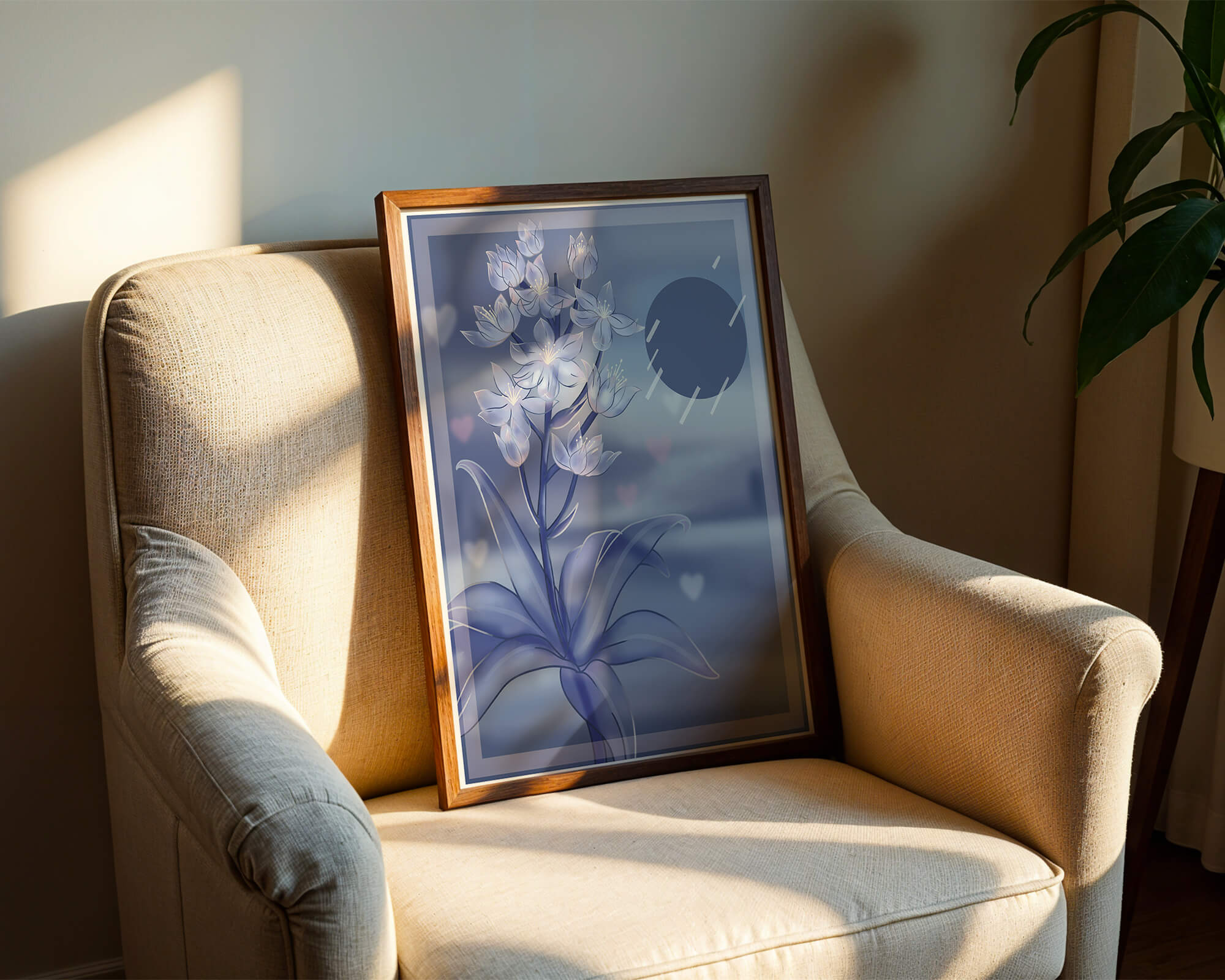 Delicate blue floral illustration with stylish geometric elements