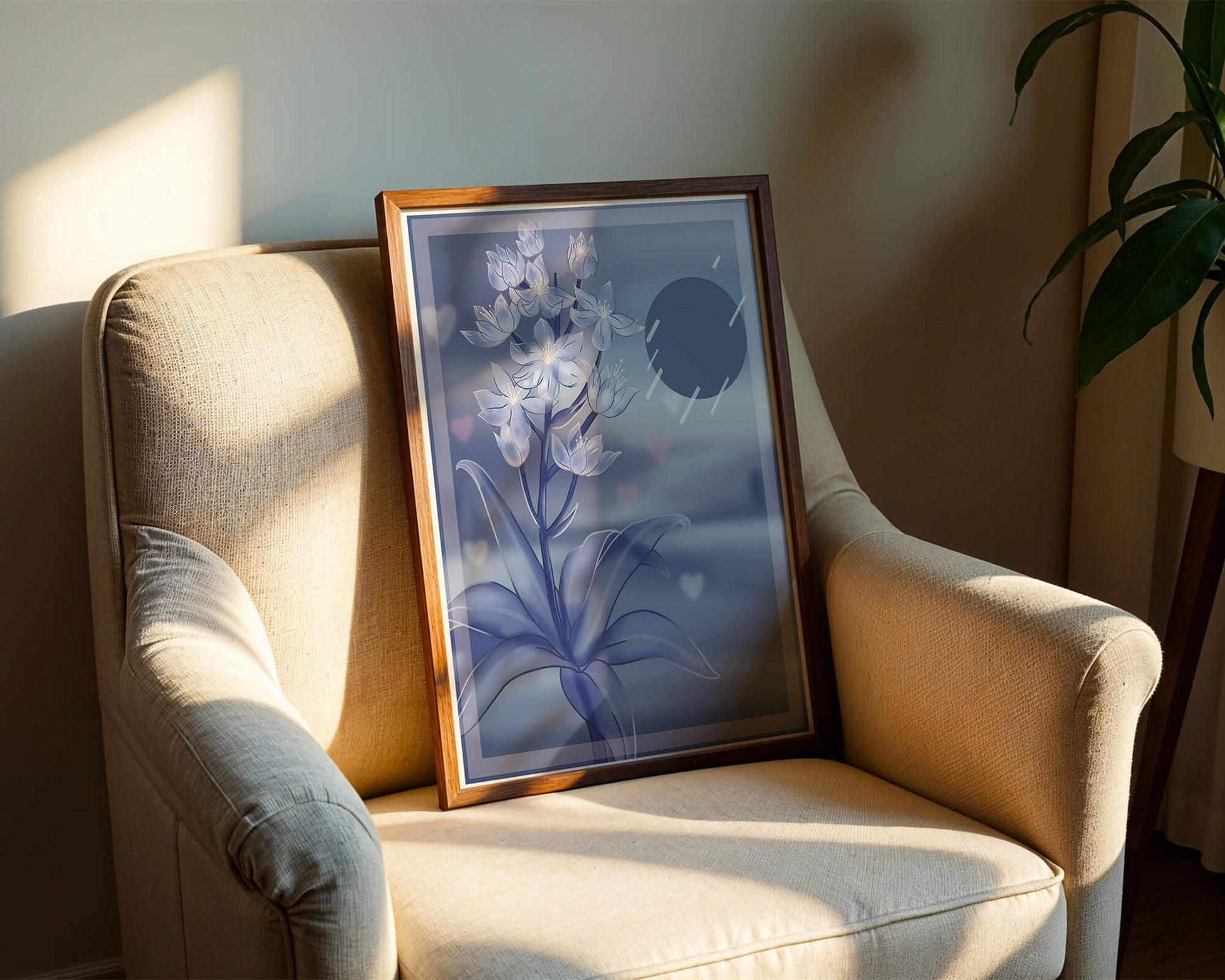 Delicate blue floral illustration with stylish geometric elements