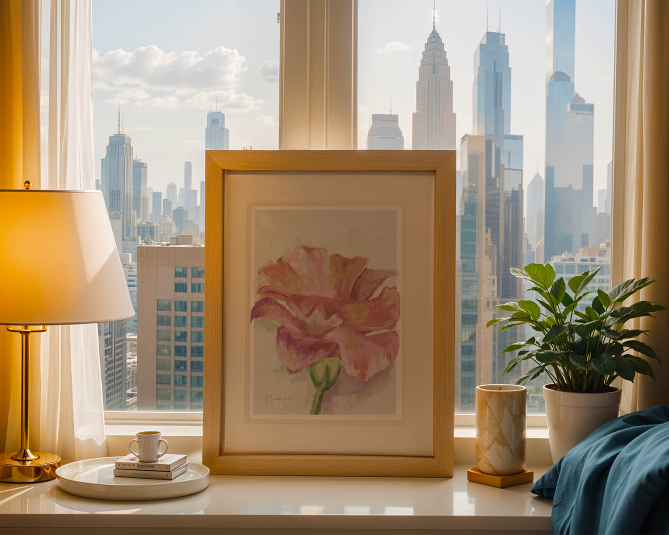 Beautiful pink flower painting with golden accents