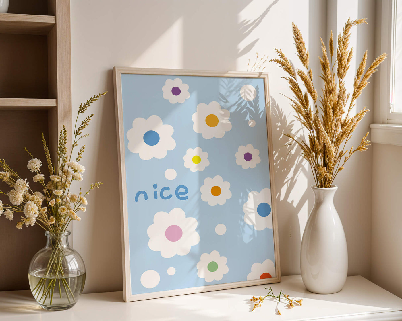 Pastel floral pattern with colorful centers on a blue background