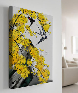 Representación artística de golondrinas entre flores amarillas vibrantes