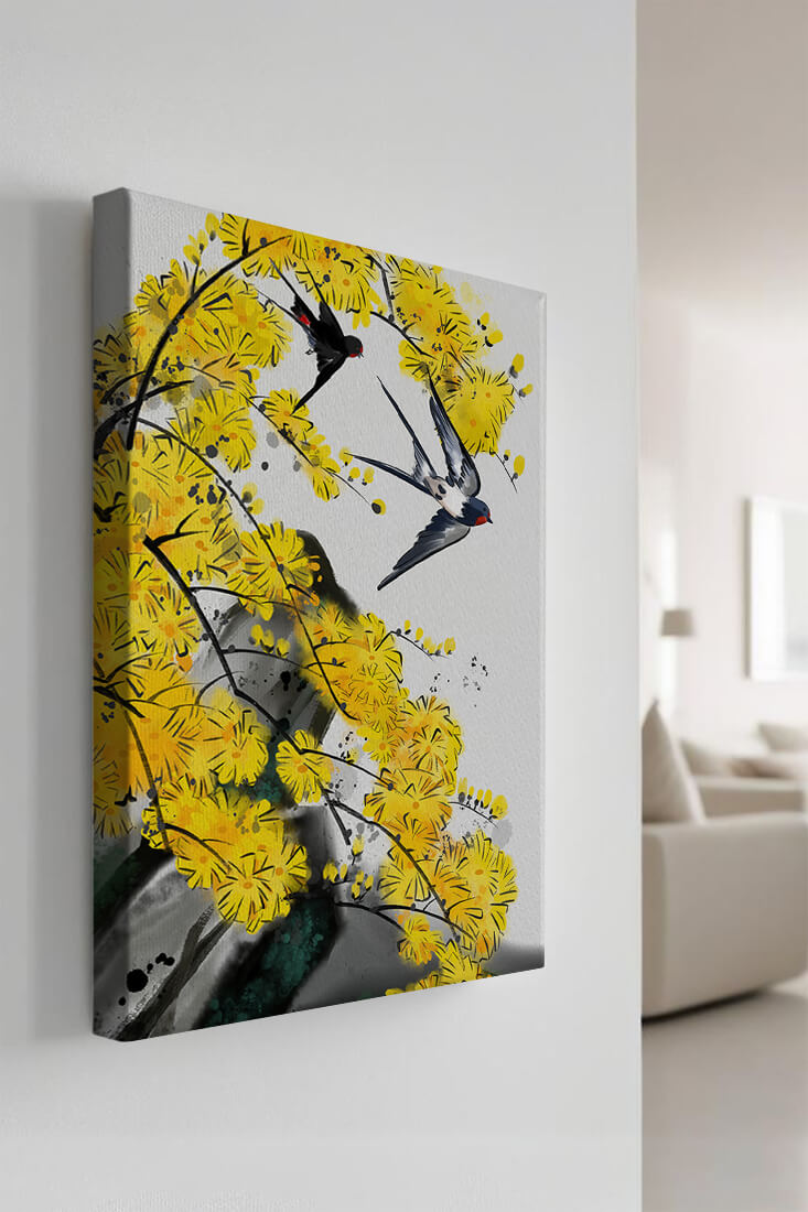 Artistic depiction of swallows amid vibrant yellow blossoms