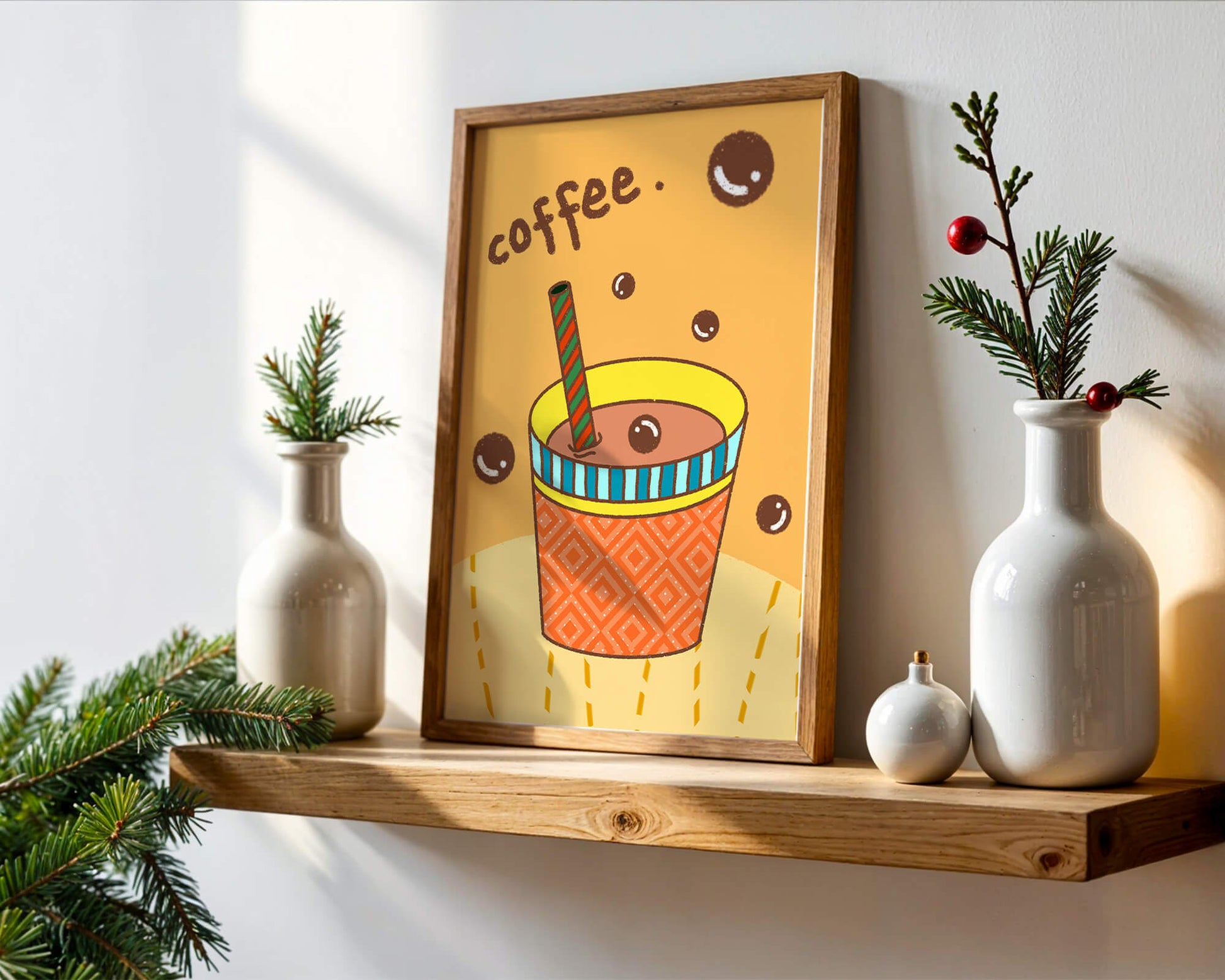 Colorful coffee cup illustration with bubbles and straw