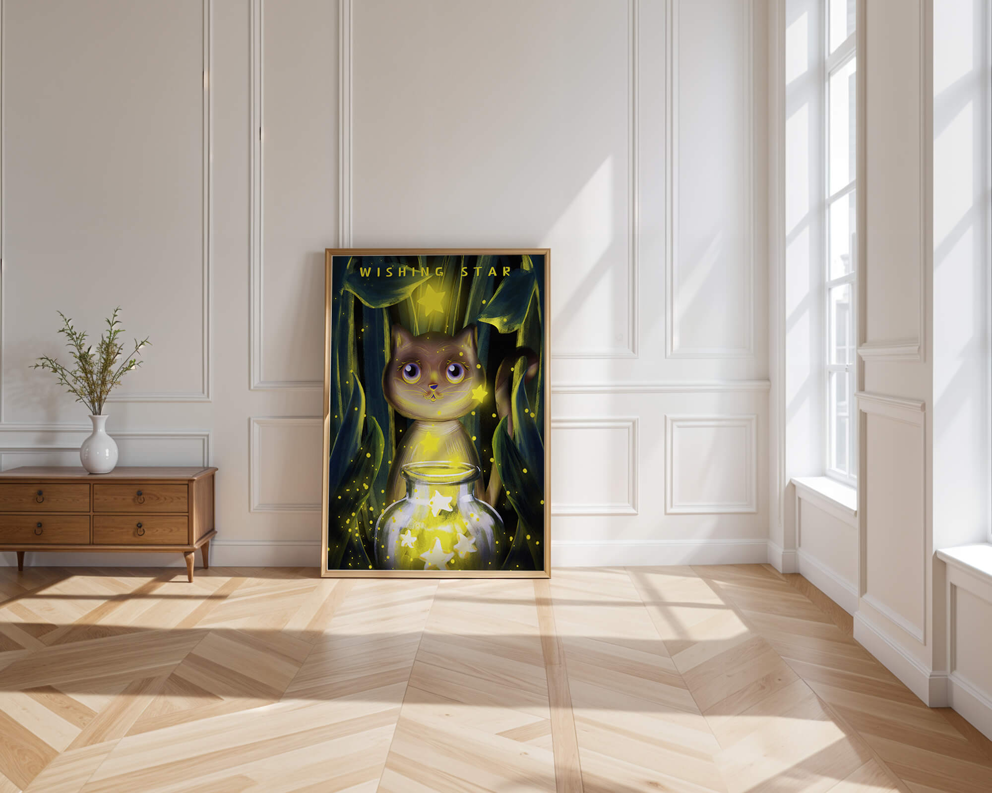 Cat under starry night in a magical forest setting