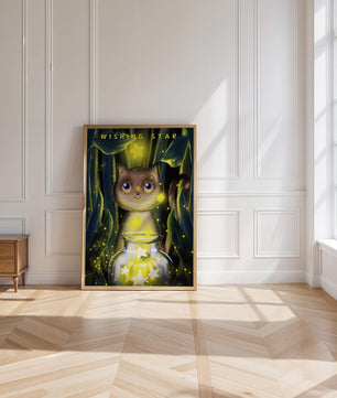 Cat under starry night in a magical forest setting