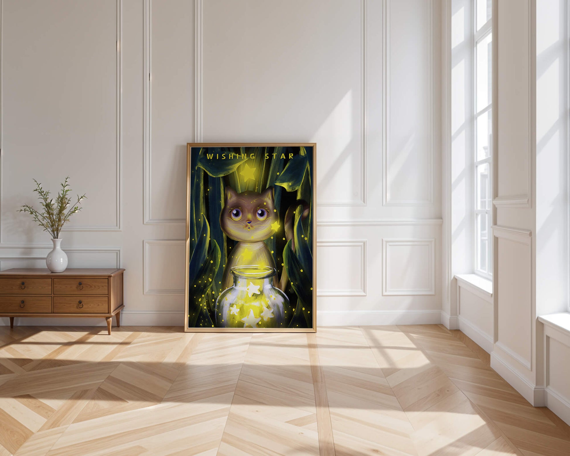 Cat under starry night in a magical forest setting