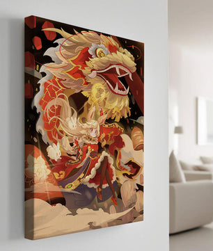 Personnage dynamique avec dragon et lanternes dans une œuvre d'art animée et vibrante