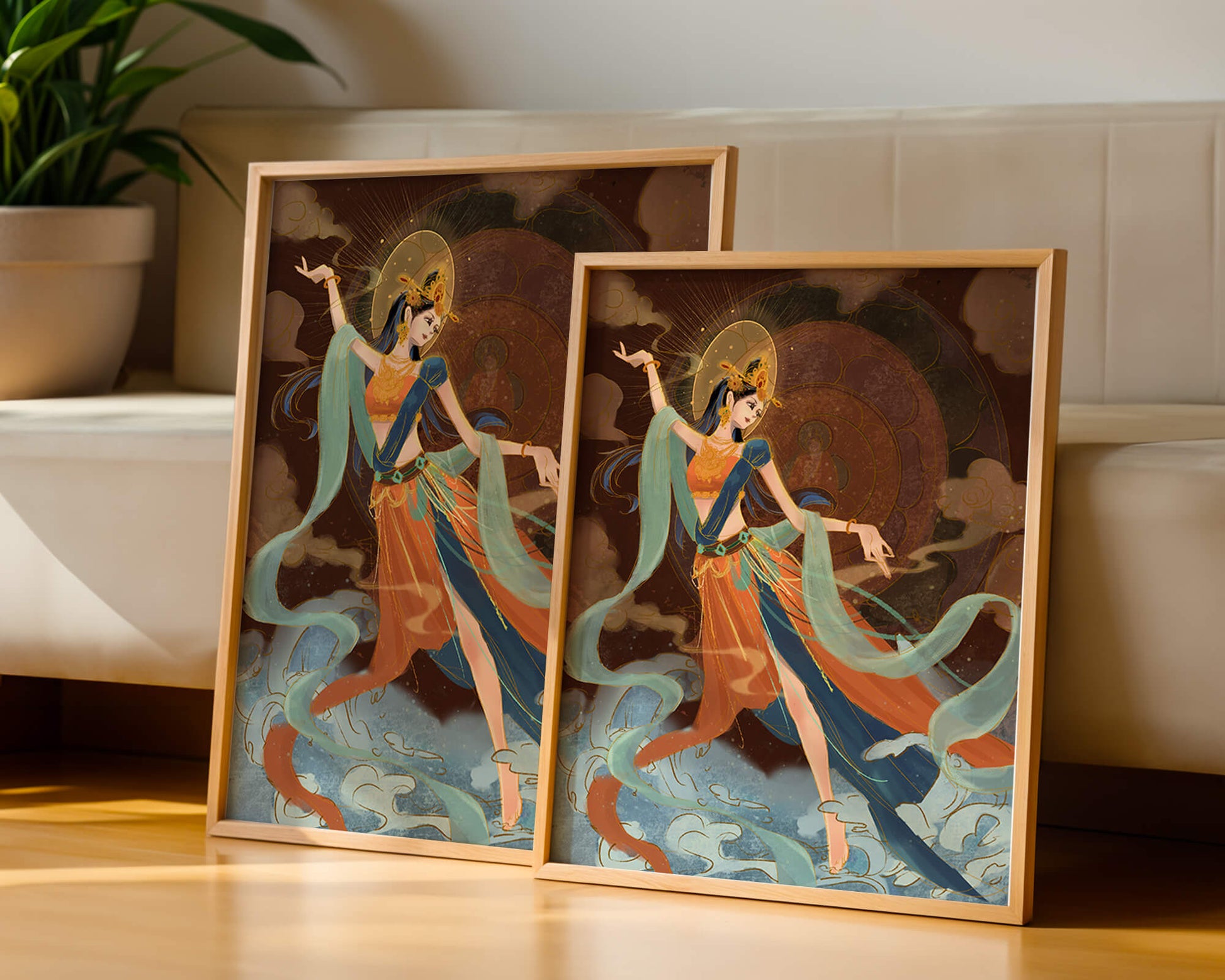 Representación elegante de una bailarina etérea con un vibrante atuendo tradicional.