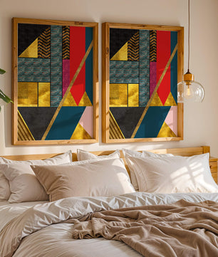 Geometric abstract art with bold colors and golden accents