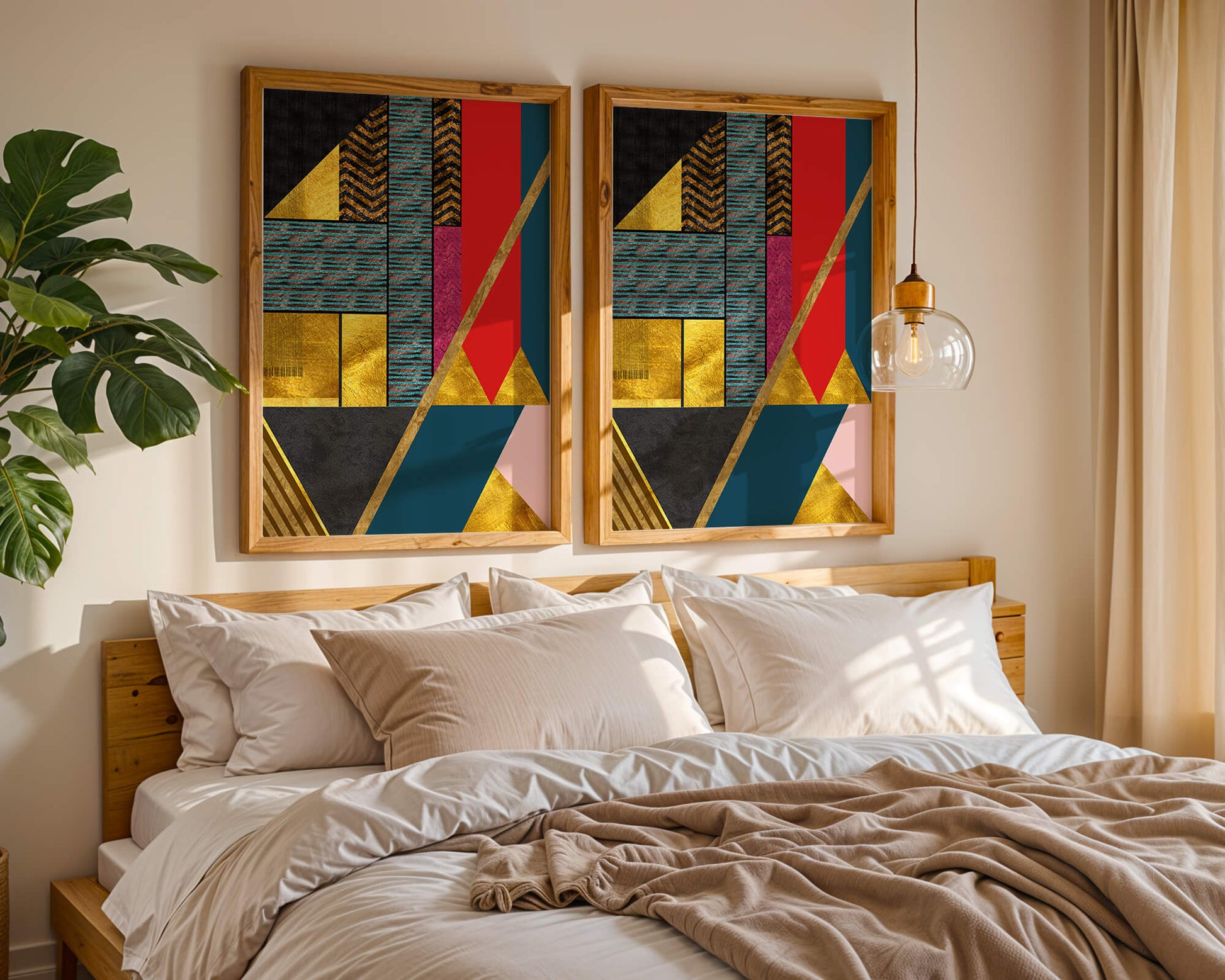 Geometric abstract art with bold colors and golden accents
