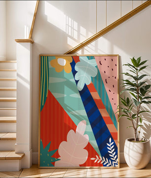 Abstract floral geometric design with vibrant colors and bold patterns