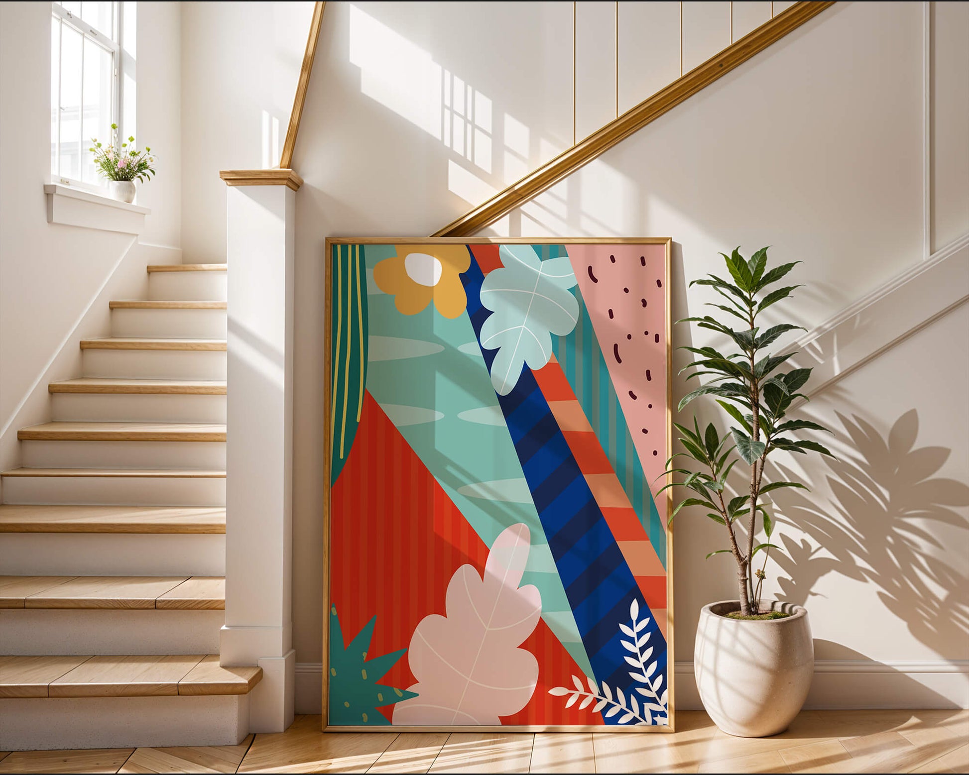 Abstract floral geometric design with vibrant colors and bold patterns