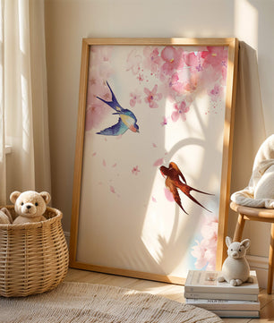 Pájaros coloridos y flores rosadas en una escena primaveral acuarelada