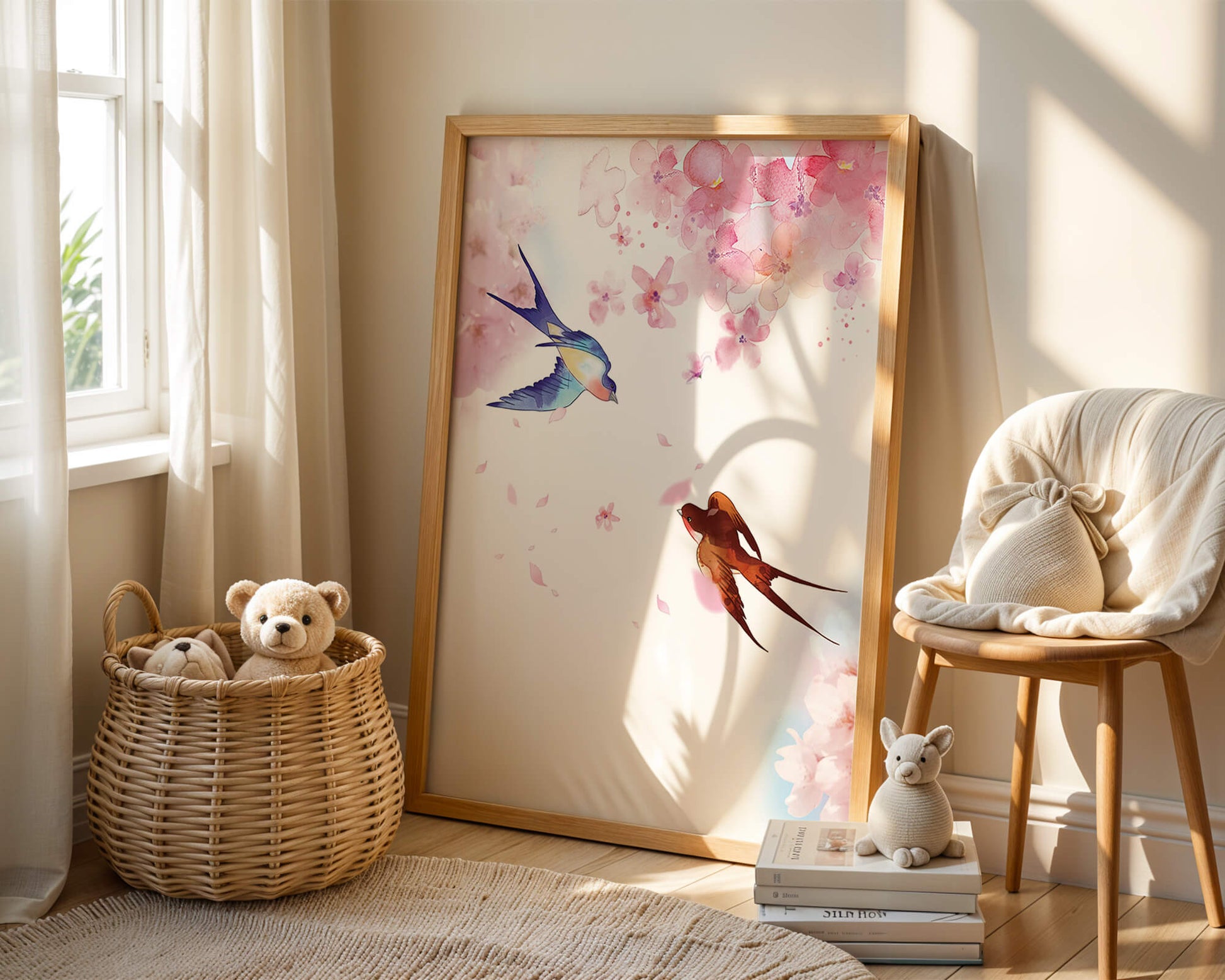 Pájaros coloridos y flores rosas en una escena primaveral de acuarela