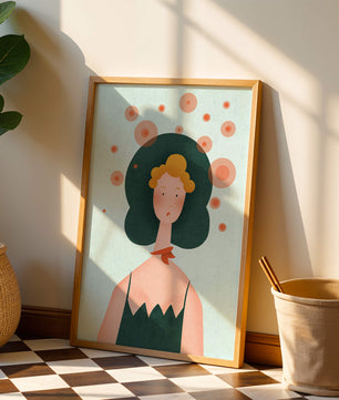 Whimsical Portrait of a Woman with Green Hair and Abstract Circles - Mi tienda