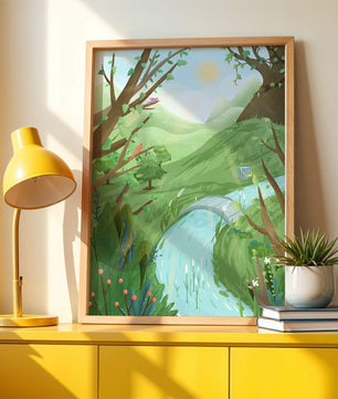 Serene Landscape with Birds and River under Sunny Sky