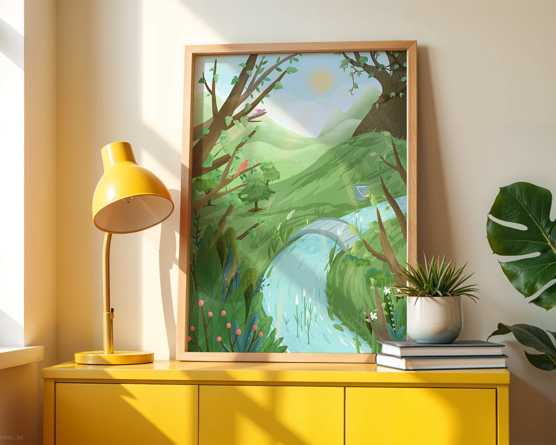 Paisaje sereno con aves y río bajo un cielo soleado