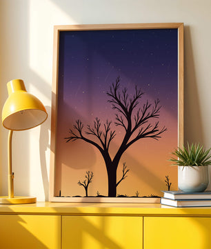 Silhouette Of Tree Against Stunning Sunset Sky With Stars