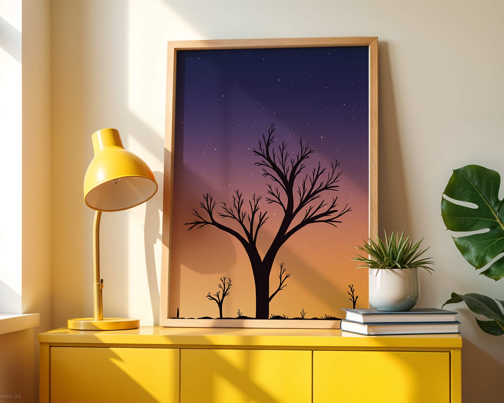 Silhouette Of Tree Against Stunning Sunset Sky With Stars