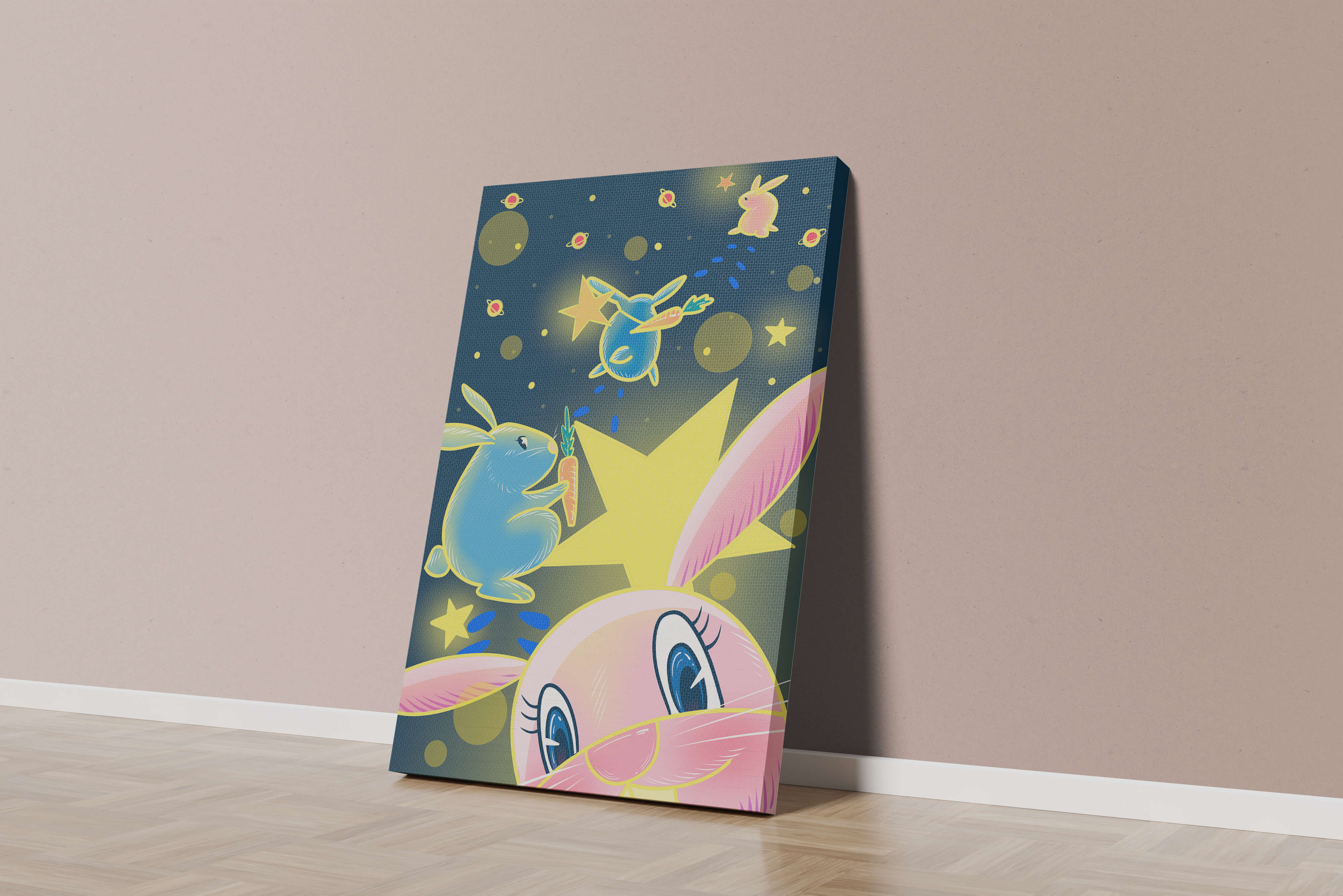 Playful bunnies with carrots and stars in a whimsical space scene
